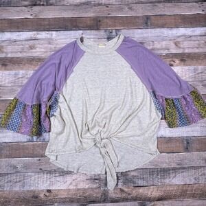 Womens Waffle Knit Top Tie Front 3/4 Sleeve Boho Patchwork Colorblock